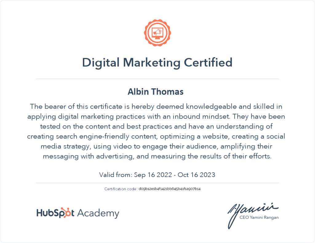 Albin Thomas hubspot certficate